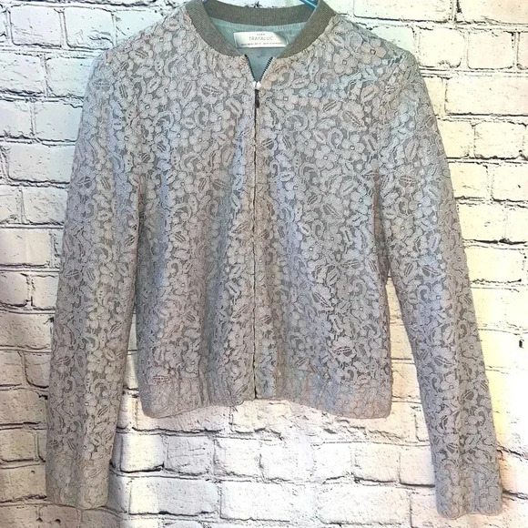 Zara‎ Women’s Light Blue Lace Cropped Zip Up Jacket Size Medium - Picture 1 of 10